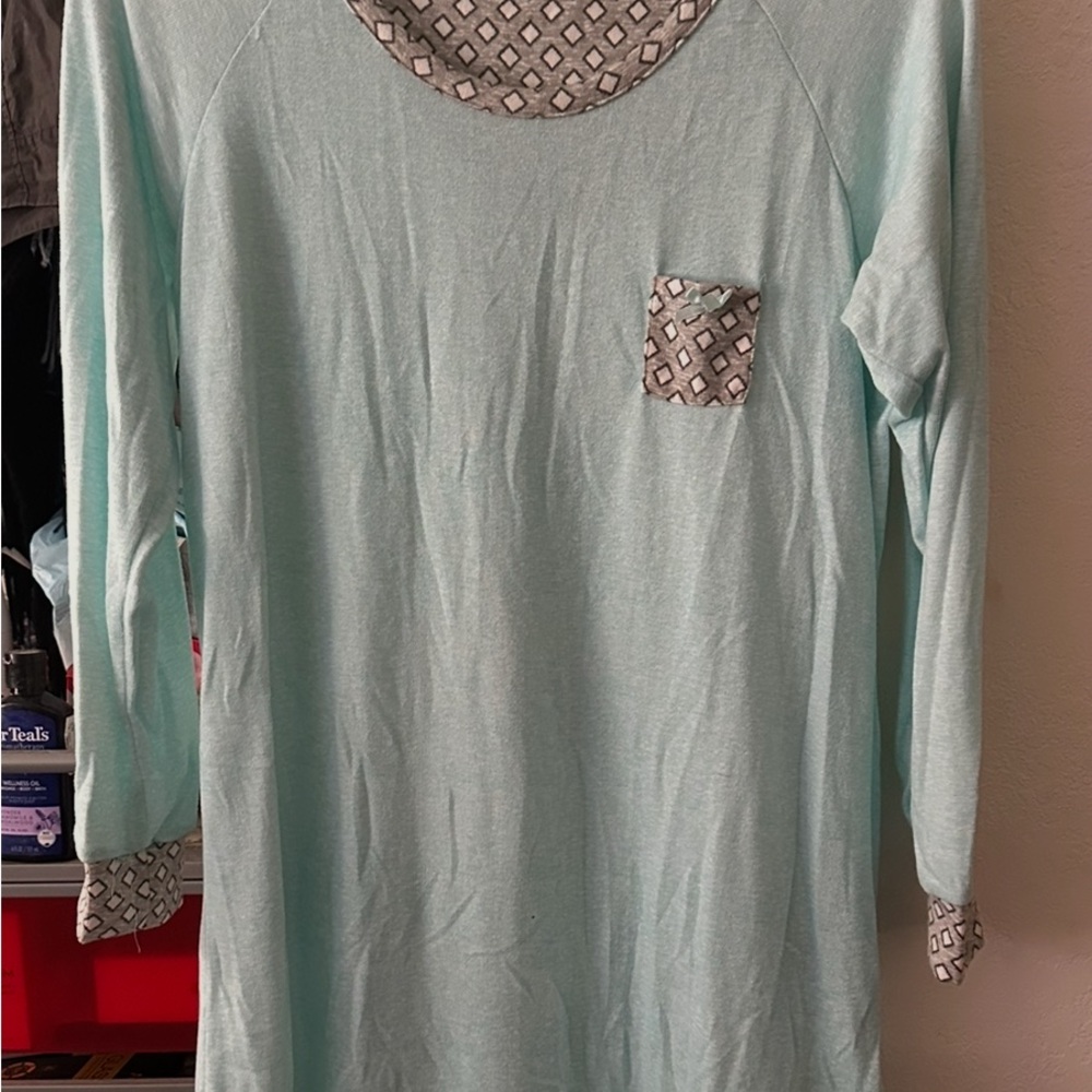 Light Blue Long Sleeve Nightshirt with Patterned Accents